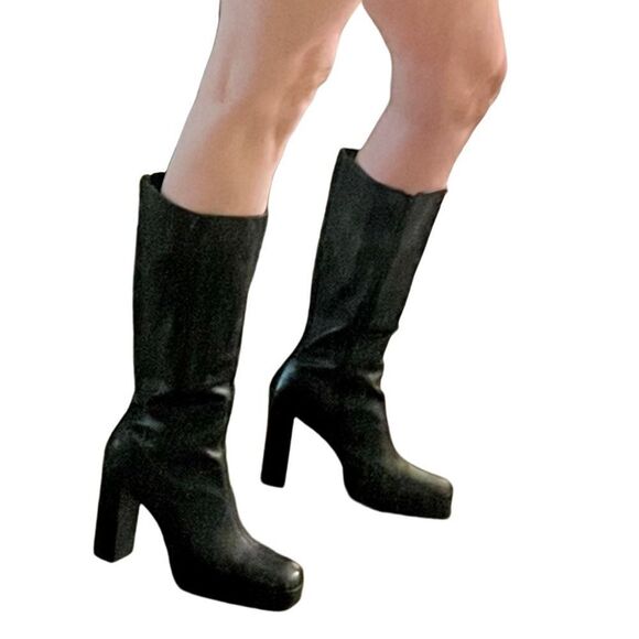 Vtg 90s Y2K Black Brats Bakers Square Toe Platform Tall Knee Boot 10